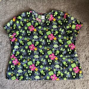 Disney Shamrock and Disney characters Print Scub Top - multi color